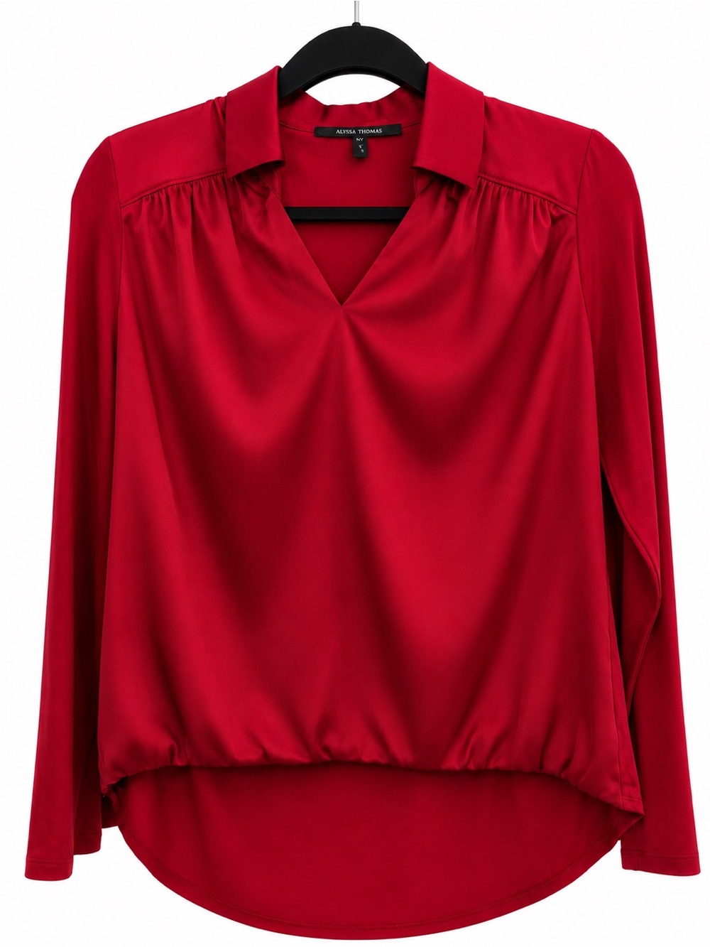 White House Black Market Red Silky V-Neck Long Sleeve Blouse